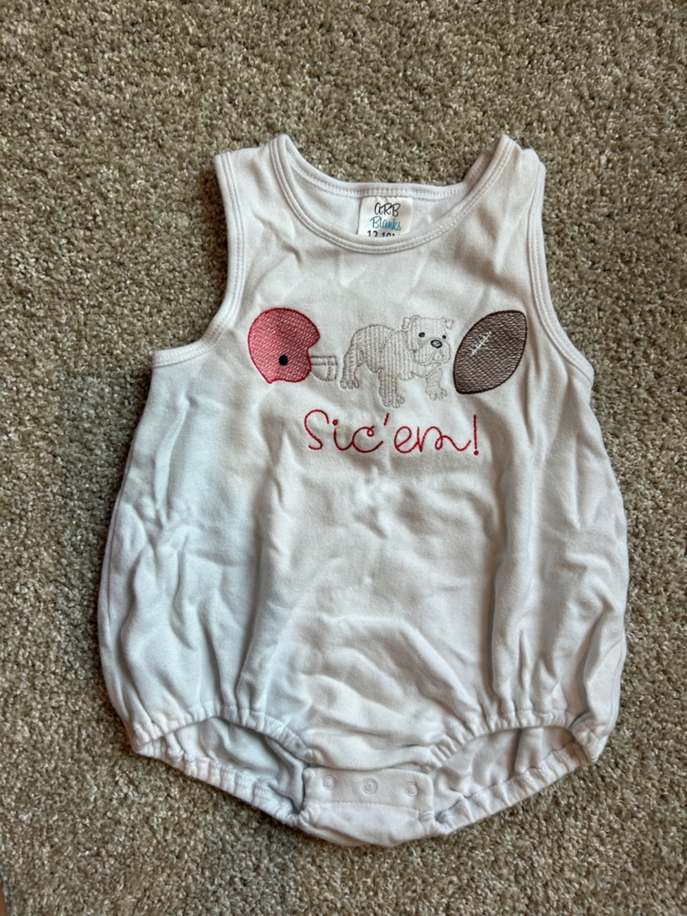 Baby White Sleeveless One-Piece with Red & Brown Sports Applique